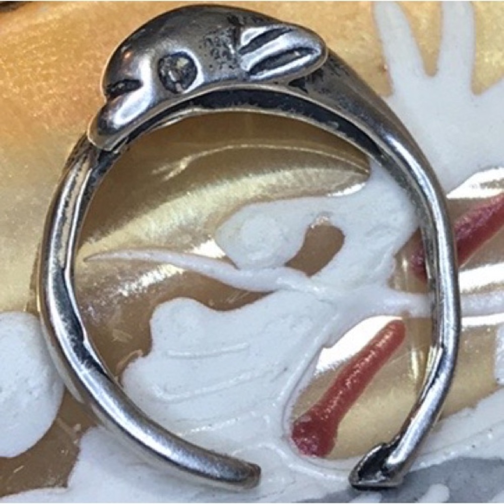 925 Solid Sterling Silver Dolphin Ring Size 3 Adj… - image 2